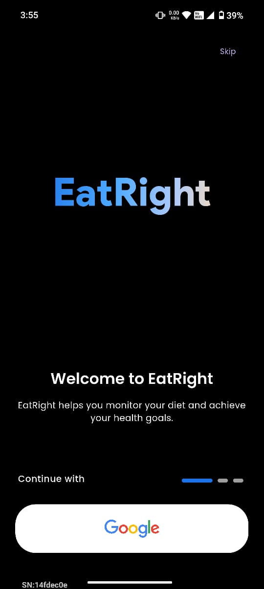 EatRight App Welcome Screen - AI nutrition tracking interface